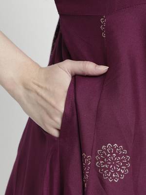 Purple rayon rogan printed & trim work anarkali kurta bottom dupatta set 5