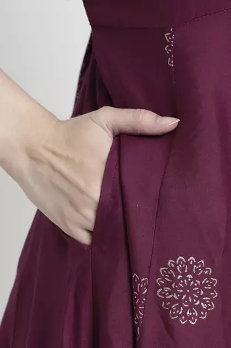 Purple rayon rogan printed & trim work anarkali kurta bottom dupatta set