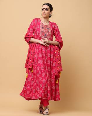 Pink rayon printed & embroidered work anarkali kurta bottom dupatta set 1
