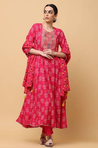 Pink rayon printed & embroidered work anarkali kurta bottom dupatta set