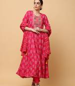 Pink rayon printed & embroidered work anarkali kurta bottom dupatta set