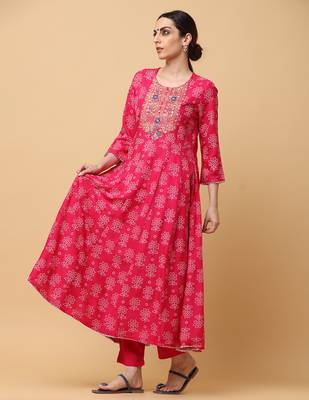 Pink rayon printed & embroidered work anarkali kurta bottom dupatta set 2