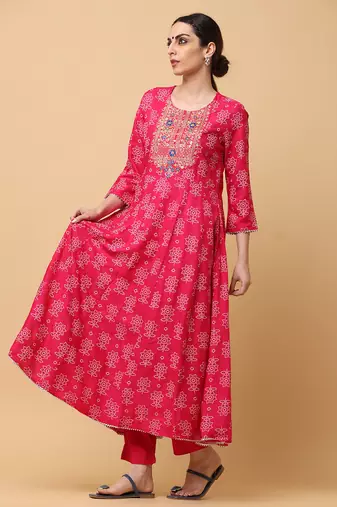 Pink rayon printed & embroidered work anarkali kurta bottom dupatta set