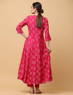 Pink rayon printed & embroidered work anarkali kurta bottom dupatta set 3