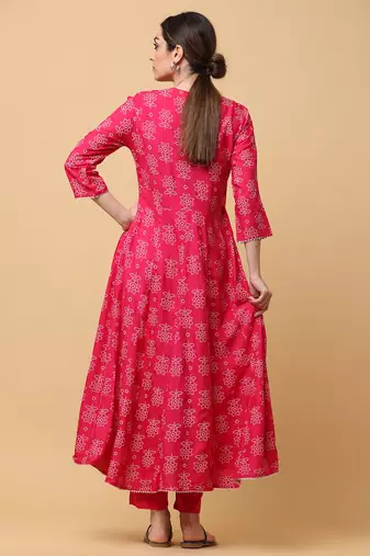 Pink rayon printed & embroidered work anarkali kurta bottom dupatta set