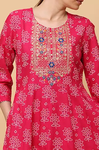 Pink rayon printed & embroidered work anarkali kurta bottom dupatta set