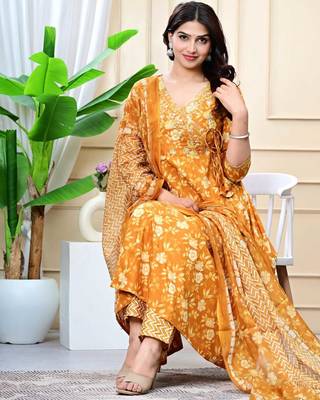 mustard cotton printed & embroidered work angrakha kurta bottom dupatta set 1