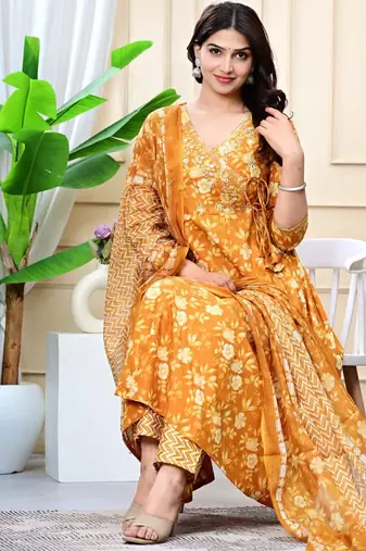 mustard cotton printed & embroidered work angrakha kurta bottom dupatta set