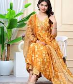 mustard cotton printed & embroidered work angrakha kurta bottom dupatta set
