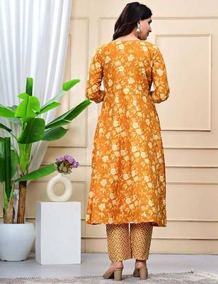 mustard cotton printed & embroidered work angrakha kurta bottom dupatta set 2