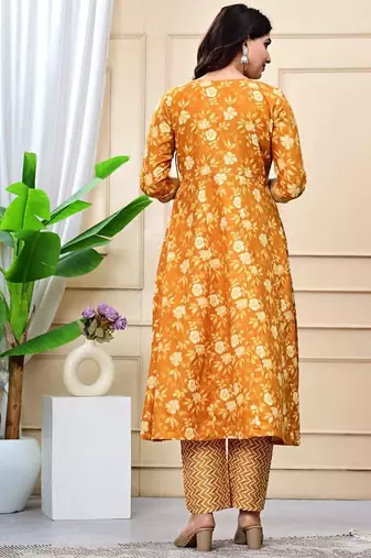 mustard cotton printed & embroidered work angrakha kurta bottom dupatta set