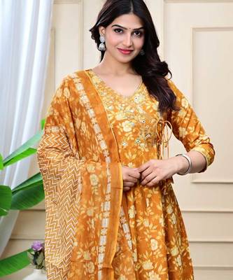 mustard cotton printed & embroidered work angrakha kurta bottom dupatta set 3