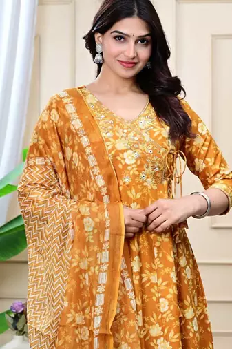 mustard cotton printed & embroidered work angrakha kurta bottom dupatta set