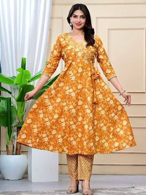 mustard cotton printed & embroidered work angrakha kurta bottom dupatta set 4