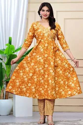 mustard cotton printed & embroidered work angrakha kurta bottom dupatta set
