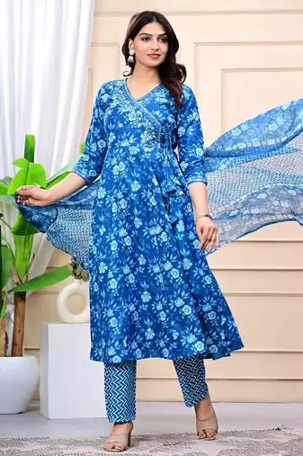 blue cotton printed & embroidered work angrakha kurta bottom dupatta set