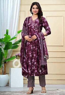 purple cotton printed & embroidered work angrakha kurta bottom dupatta set 1