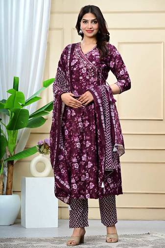 purple cotton printed & embroidered work angrakha kurta bottom dupatta set