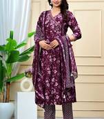 purple cotton printed & embroidered work angrakha kurta bottom dupatta set