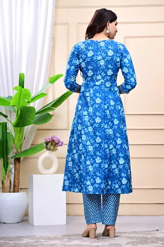 purple cotton printed & embroidered work angrakha kurta bottom dupatta set