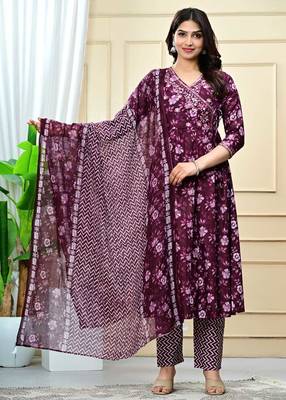 purple cotton printed & embroidered work angrakha kurta bottom dupatta set 3