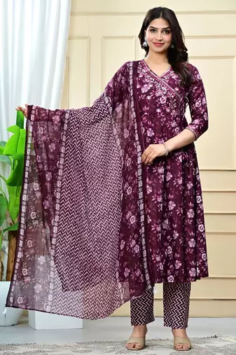 purple cotton printed & embroidered work angrakha kurta bottom dupatta set