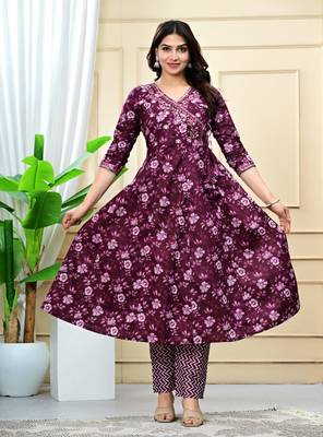 purple cotton printed & embroidered work angrakha kurta bottom dupatta set 4