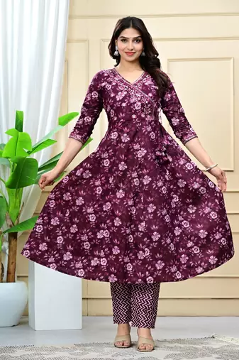purple cotton printed & embroidered work angrakha kurta bottom dupatta set