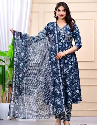 navy blue cotton printed & embroidered work angrakha kurta bottom dupatta set 1