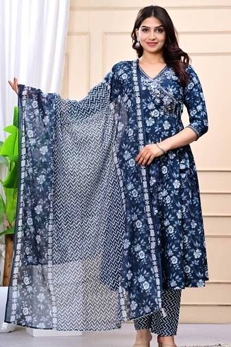 navy blue cotton printed & embroidered work angrakha kurta bottom dupatta set