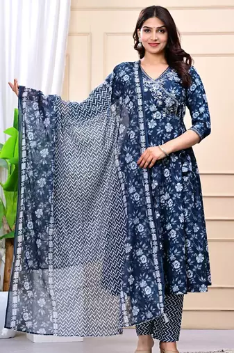 navy blue cotton printed & embroidered work angrakha kurta bottom dupatta set