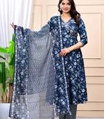 navy blue cotton printed & embroidered work angrakha kurta bottom dupatta set
