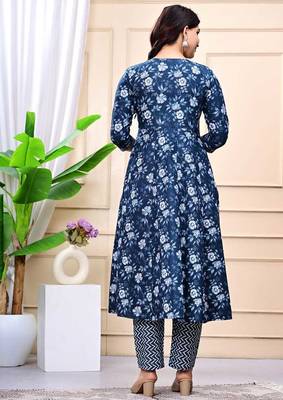 navy blue cotton printed & embroidered work angrakha kurta bottom dupatta set 2
