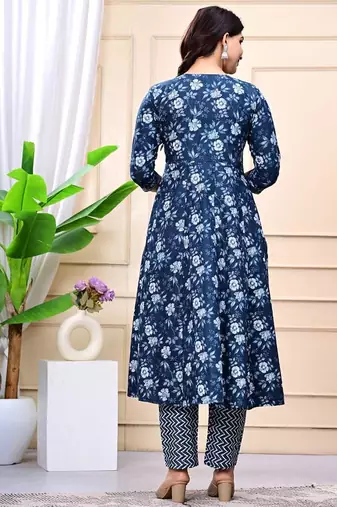 navy blue cotton printed & embroidered work angrakha kurta bottom dupatta set