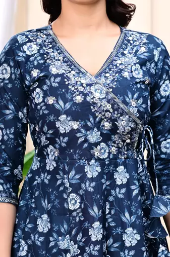 navy blue cotton printed & embroidered work angrakha kurta bottom dupatta set
