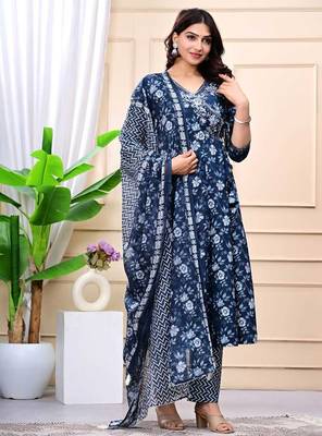 navy blue cotton printed & embroidered work angrakha kurta bottom dupatta set 4