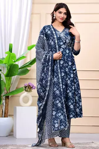 navy blue cotton printed & embroidered work angrakha kurta bottom dupatta set
