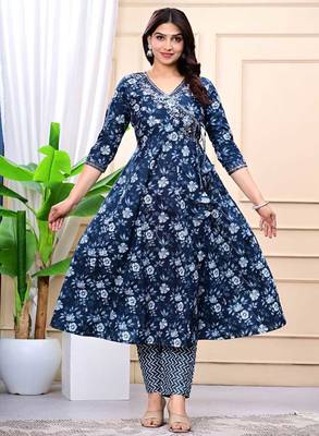 navy blue cotton printed & embroidered work angrakha kurta bottom dupatta set 5