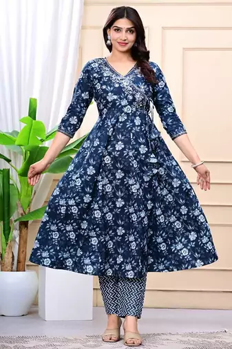 navy blue cotton printed & embroidered work angrakha kurta bottom dupatta set