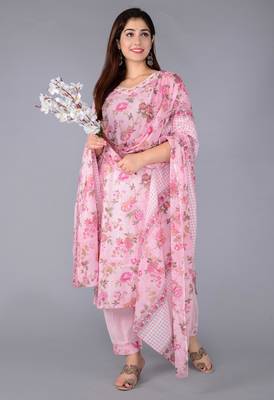 Pink cotton printed & embroidered work straight kurta bottom & dupatta set 1