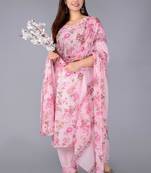 Pink cotton printed & embroidered work straight kurta bottom & dupatta set