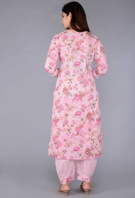 Pink cotton printed & embroidered work straight kurta bottom & dupatta set 2