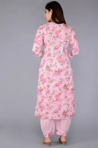 Pink cotton printed & embroidered work straight kurta bottom & dupatta set