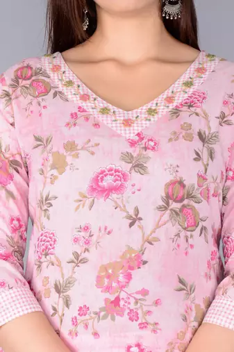 Pink cotton printed & embroidered work straight kurta bottom & dupatta set