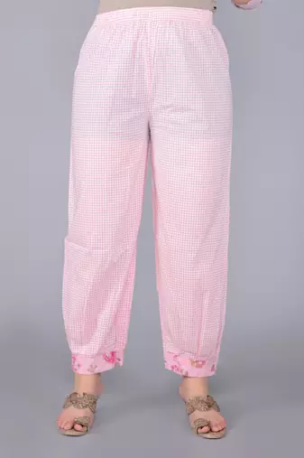 Pink cotton printed & embroidered work straight kurta bottom & dupatta set