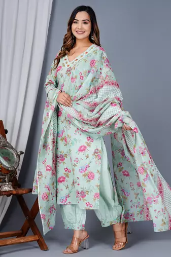 Green cotton printed & embroidered work straight kurta bottom & dupatta set