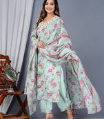 Green cotton printed & embroidered work straight kurta bottom & dupatta set