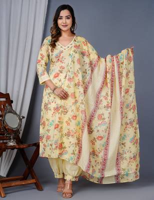 Yellow cotton printed & embroidered work straight kurta bottom & dupatta set 1