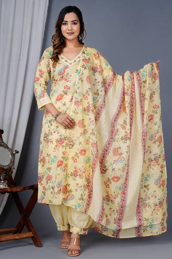 Yellow cotton printed & embroidered work straight kurta bottom & dupatta set