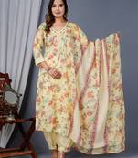 Yellow cotton printed & embroidered work straight kurta bottom & dupatta set